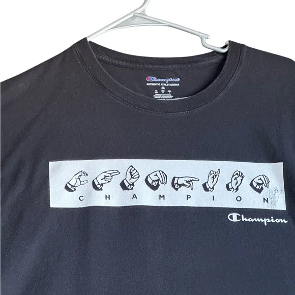 Champion MENS BLACK SIGN LANGUAGE GRAPHIC SHORT SLEEVE T-SHIRT SZ M - Picture 2 of 12